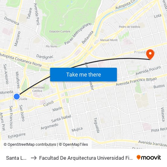 Santa Lucía to Facultad De Arquitectura Universidad Finis Terrae map