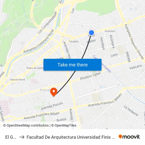 El Golf to Facultad De Arquitectura Universidad Finis Terrae map