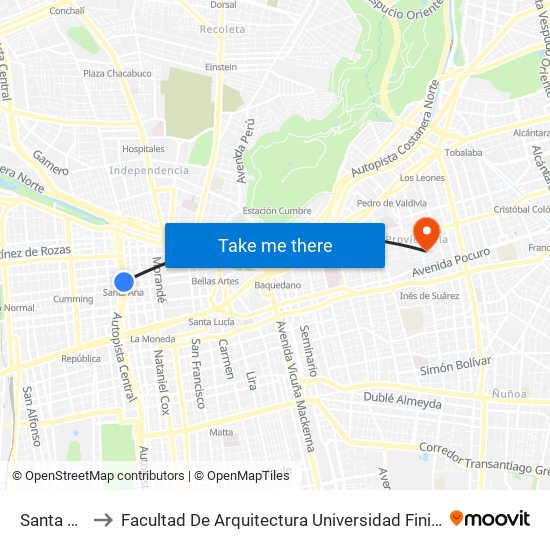 Santa Ana to Facultad De Arquitectura Universidad Finis Terrae map