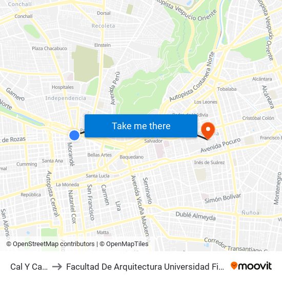Cal Y Canto to Facultad De Arquitectura Universidad Finis Terrae map