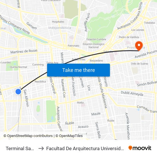 Terminal San Borja to Facultad De Arquitectura Universidad Finis Terrae map
