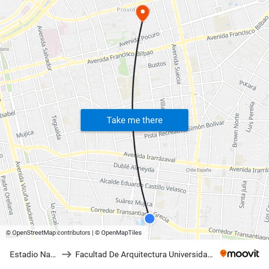 Estadio Nacional to Facultad De Arquitectura Universidad Finis Terrae map