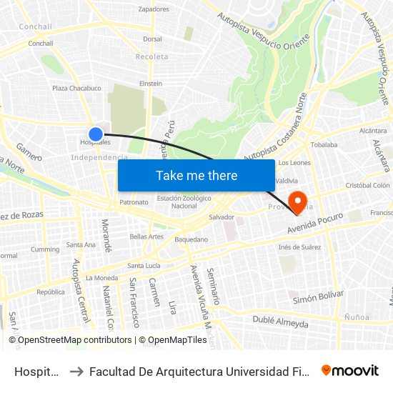 Hospitales to Facultad De Arquitectura Universidad Finis Terrae map