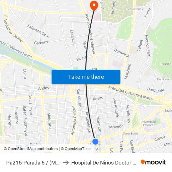 Pa215-Parada 5 / (M) La Moneda to Hospital De Niños Doctor Roberto Del Río map