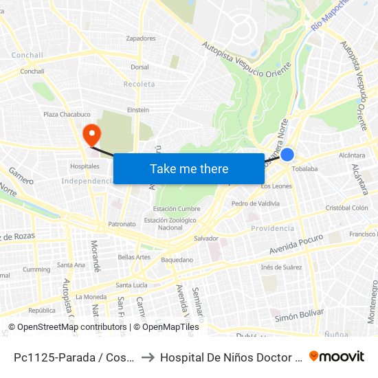 Pc1125-Parada / Costanera Center to Hospital De Niños Doctor Roberto Del Río map
