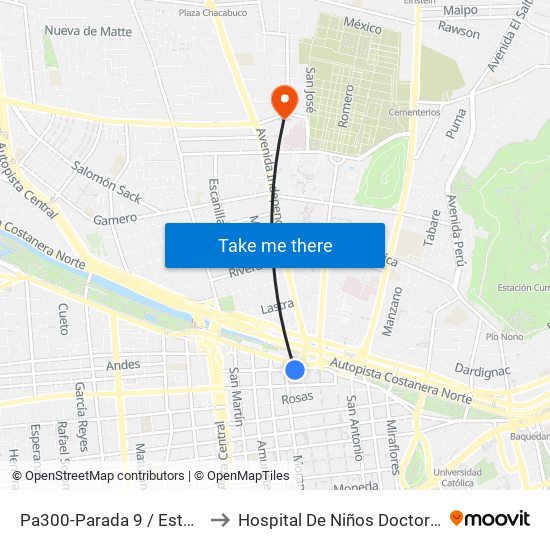 Pa300-Parada 9 / Estación Mapocho to Hospital De Niños Doctor Roberto Del Río map