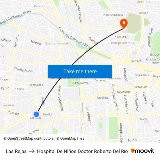 Las Rejas to Hospital De Niños Doctor Roberto Del Río map