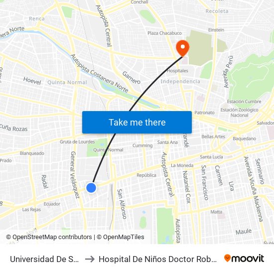 Universidad De Santiago to Hospital De Niños Doctor Roberto Del Río map