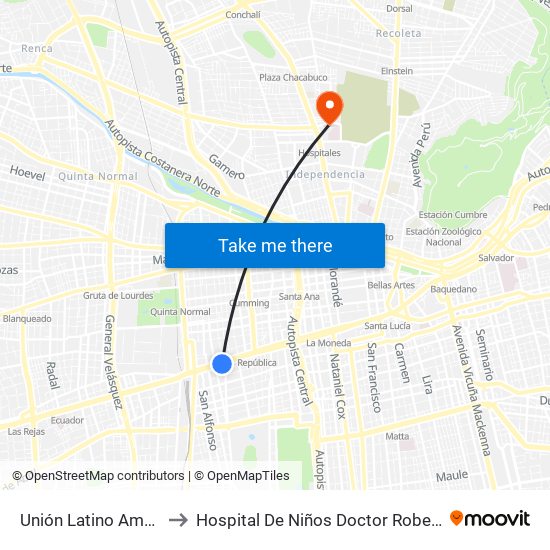 Unión Latino Americana to Hospital De Niños Doctor Roberto Del Río map