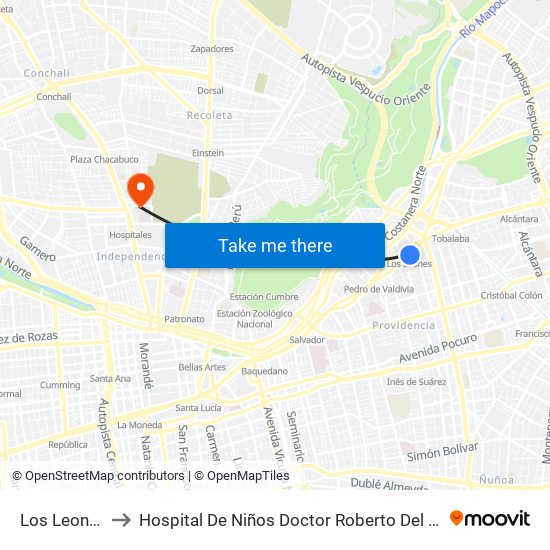 Los Leones to Hospital De Niños Doctor Roberto Del Río map