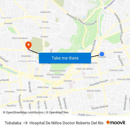 Tobalaba to Hospital De Niños Doctor Roberto Del Río map