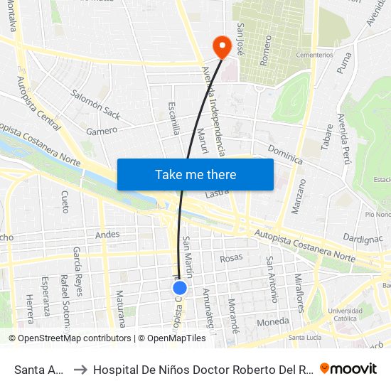 Santa Ana to Hospital De Niños Doctor Roberto Del Río map