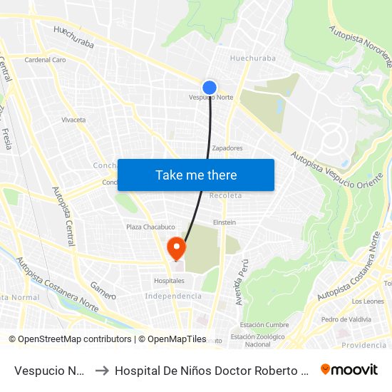 Vespucio Norte to Hospital De Niños Doctor Roberto Del Río map