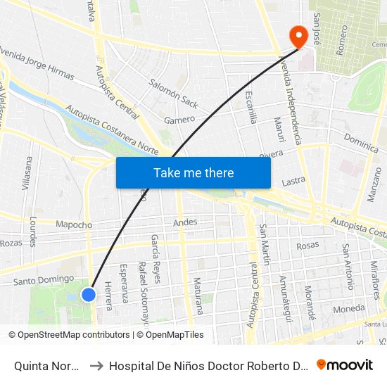 Quinta Normal to Hospital De Niños Doctor Roberto Del Río map