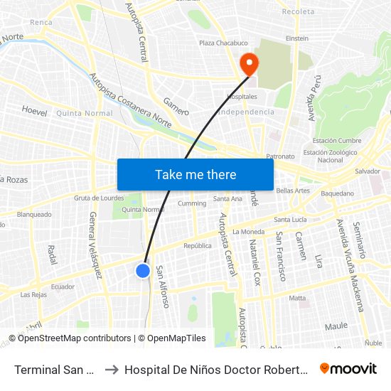 Terminal San Borja to Hospital De Niños Doctor Roberto Del Río map
