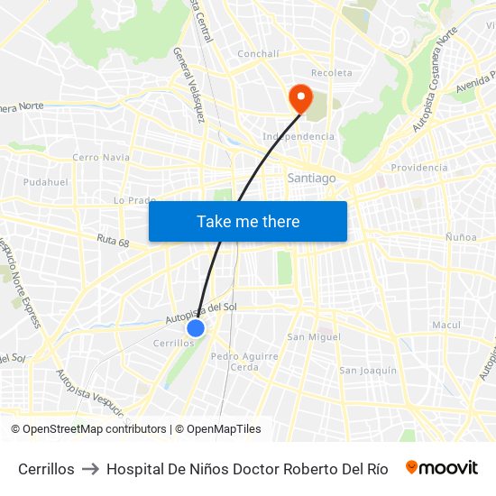 Cerrillos to Hospital De Niños Doctor Roberto Del Río map