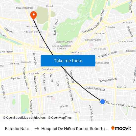 Estadio Nacional to Hospital De Niños Doctor Roberto Del Río map