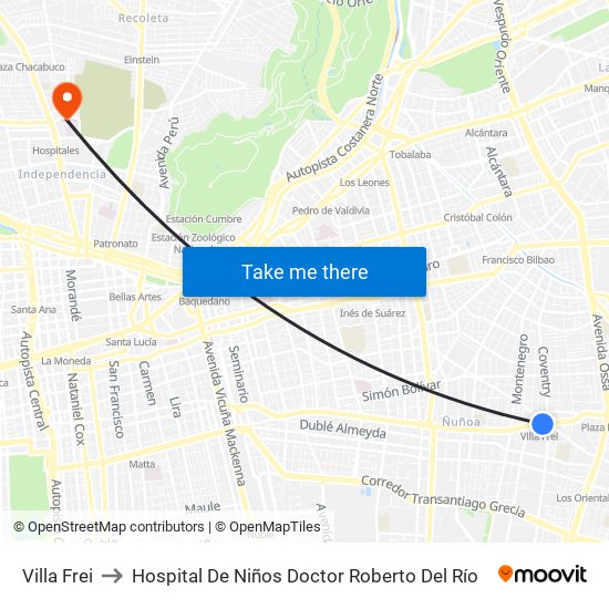 Villa Frei to Hospital De Niños Doctor Roberto Del Río map