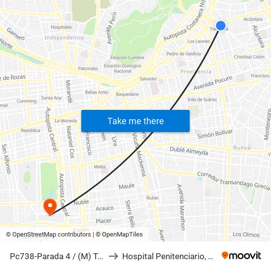 Pc738-Parada 4 / (M) Tobalaba to Hospital Penitenciario, Santiago map