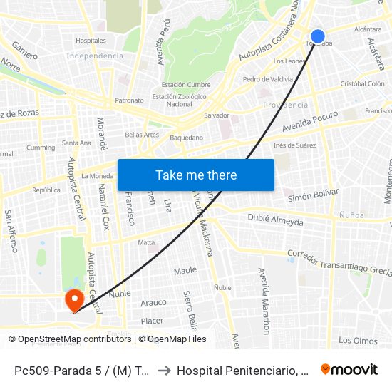 Pc509-Parada 5 / (M) Tobalaba to Hospital Penitenciario, Santiago map