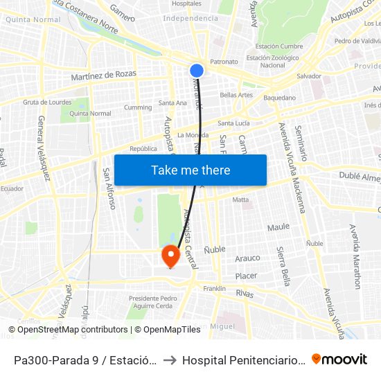 Pa300-Parada 9 / Estación Mapocho to Hospital Penitenciario, Santiago map