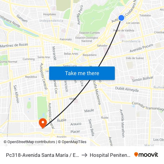 Pc318-Avenida Santa María / Esq. Av. Pedro De Valdivia to Hospital Penitenciario, Santiago map