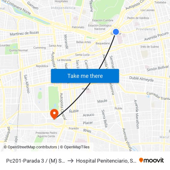 Pc201-Parada 3 / (M) Salvador to Hospital Penitenciario, Santiago map