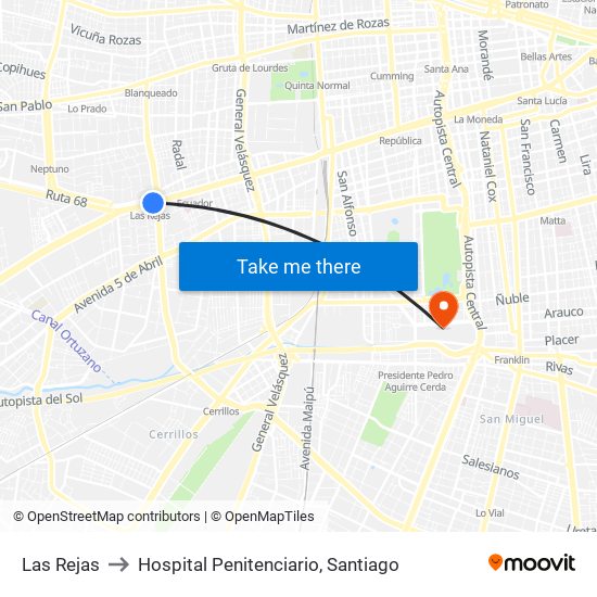 Las Rejas to Hospital Penitenciario, Santiago map