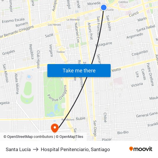 Santa Lucía to Hospital Penitenciario, Santiago map