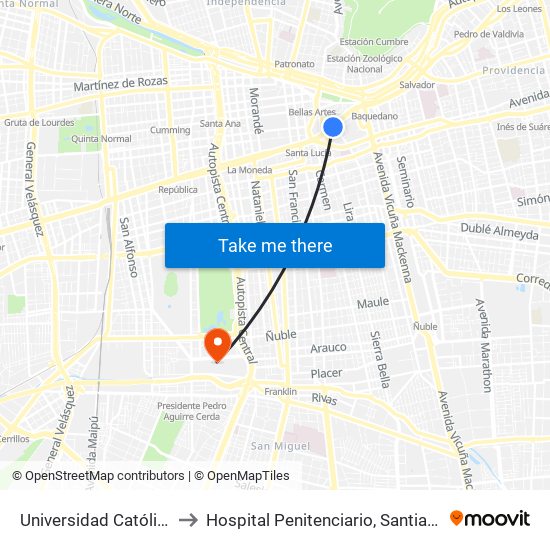 Universidad Católica to Hospital Penitenciario, Santiago map