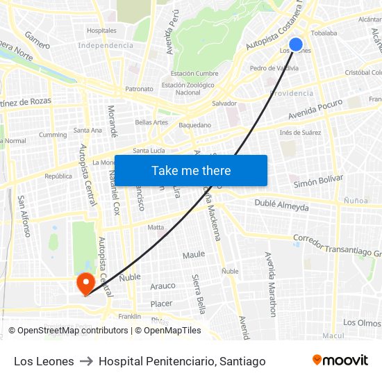 Los Leones to Hospital Penitenciario, Santiago map