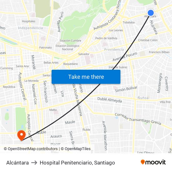 Alcántara to Hospital Penitenciario, Santiago map