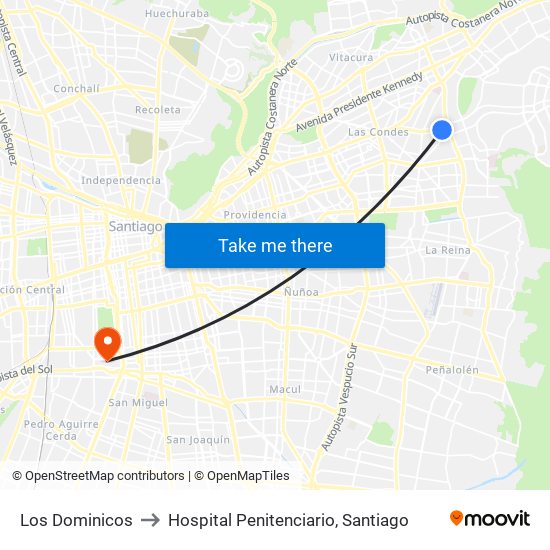 Los Dominicos to Hospital Penitenciario, Santiago map