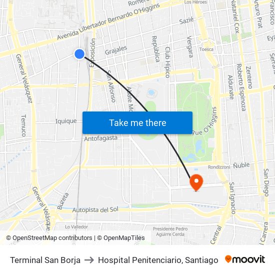 Terminal San Borja to Hospital Penitenciario, Santiago map