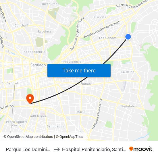 Parque Los Dominicos to Hospital Penitenciario, Santiago map