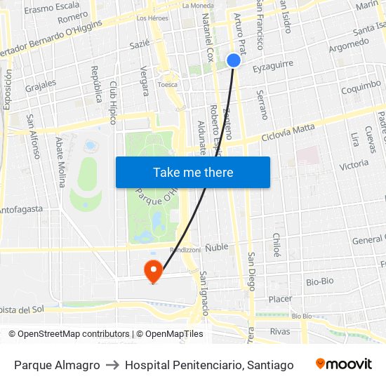 Parque Almagro to Hospital Penitenciario, Santiago map