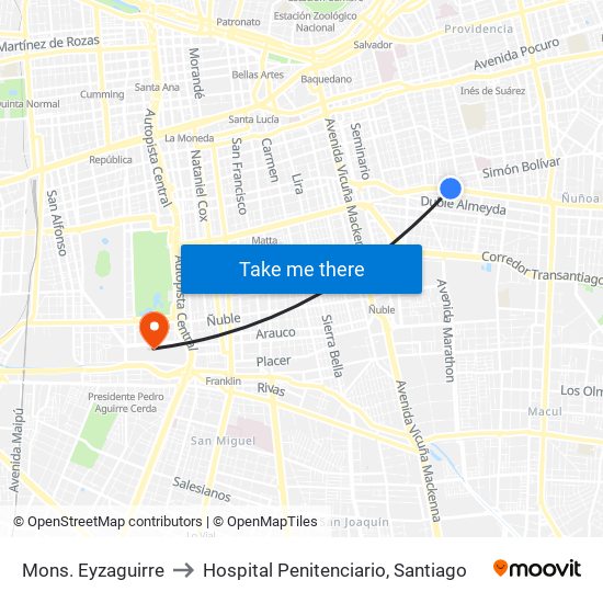 Mons. Eyzaguirre to Hospital Penitenciario, Santiago map