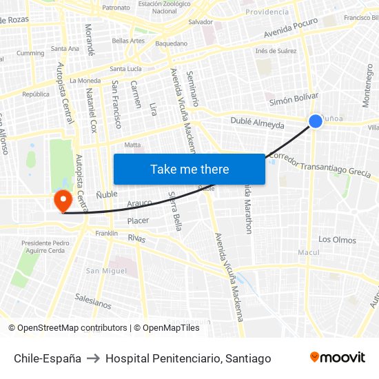 Chile-España to Hospital Penitenciario, Santiago map