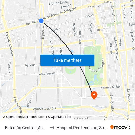 Estación Central (Anden1) to Hospital Penitenciario, Santiago map