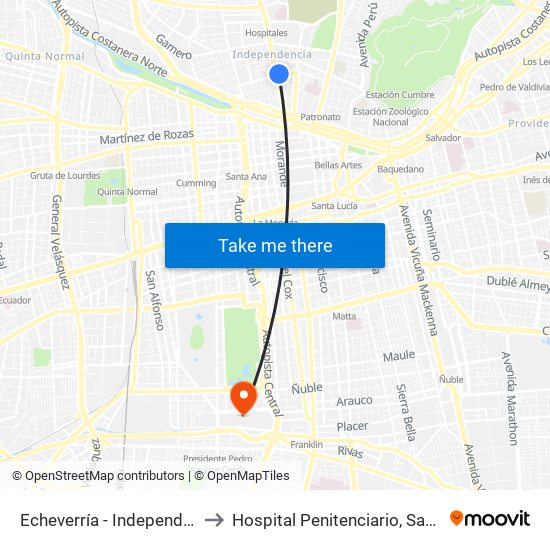 Echeverría - Independencia to Hospital Penitenciario, Santiago map