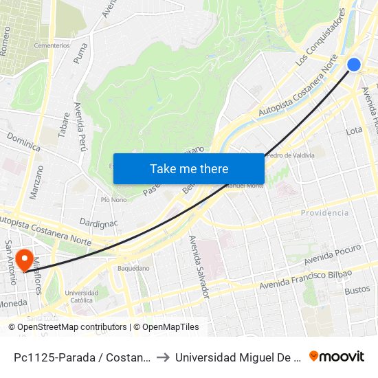 Pc1125-Parada / Costanera Center to Universidad Miguel De Cervantes map