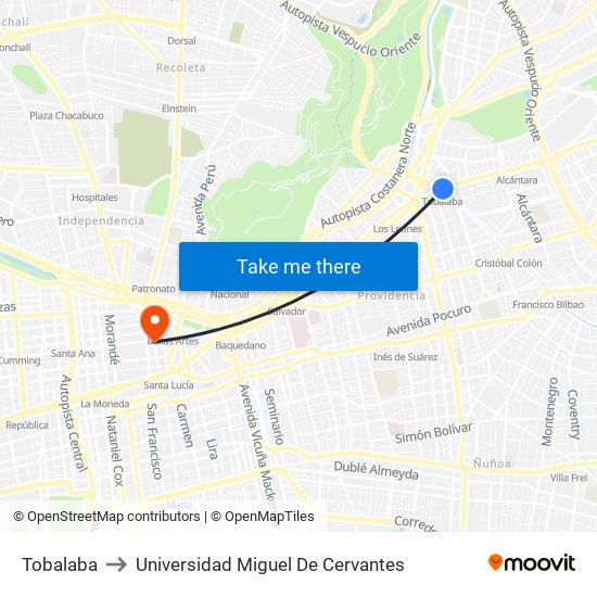 Tobalaba to Universidad Miguel De Cervantes map