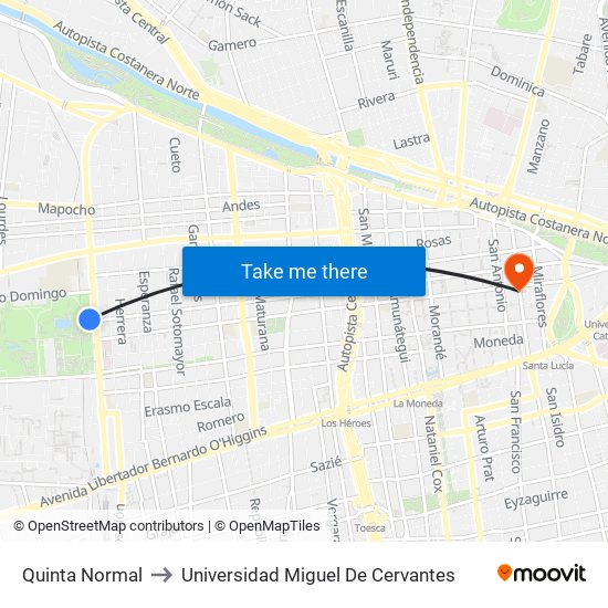 Quinta Normal to Universidad Miguel De Cervantes map