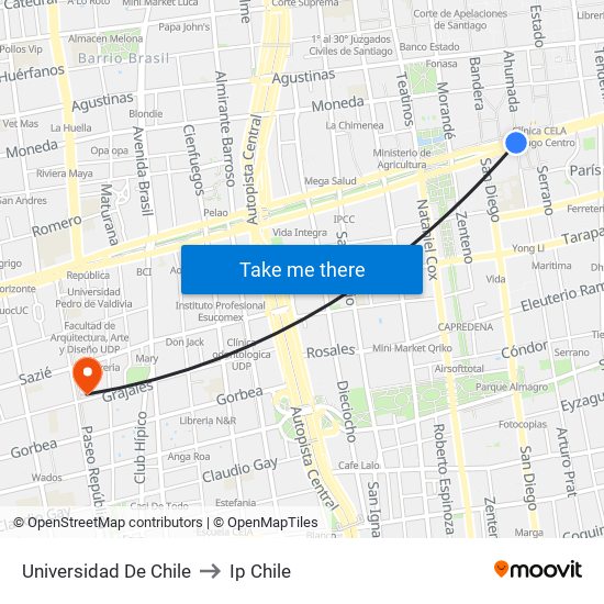 Universidad De Chile to Ip Chile map