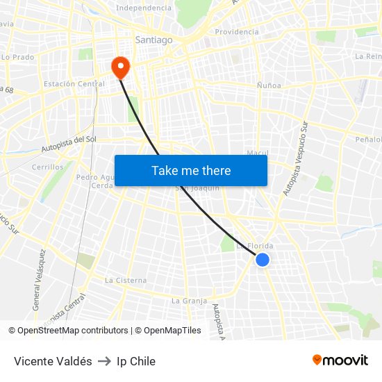 Vicente Valdés to Ip Chile map