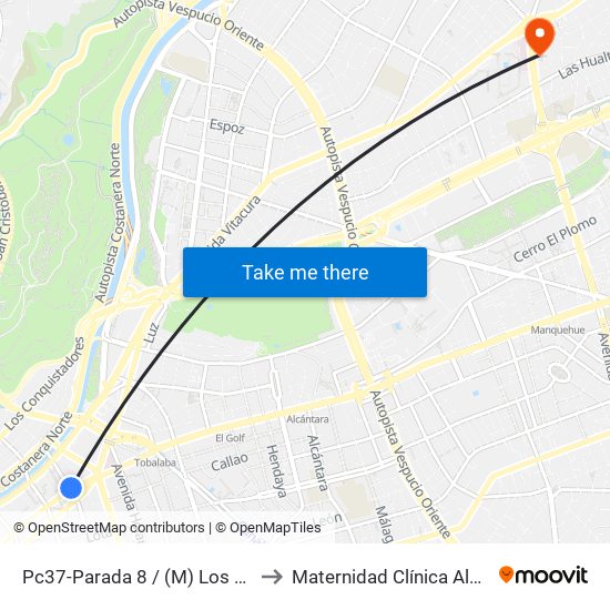 Pc37-Parada 8 / (M) Los Leones to Maternidad Clínica Alemana map