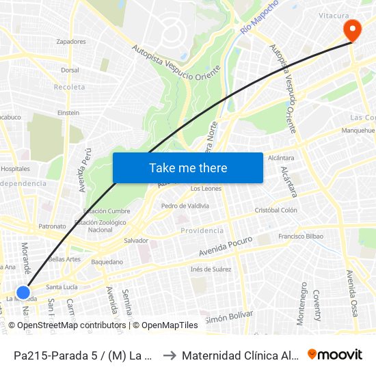 Pa215-Parada 5 / (M) La Moneda to Maternidad Clínica Alemana map