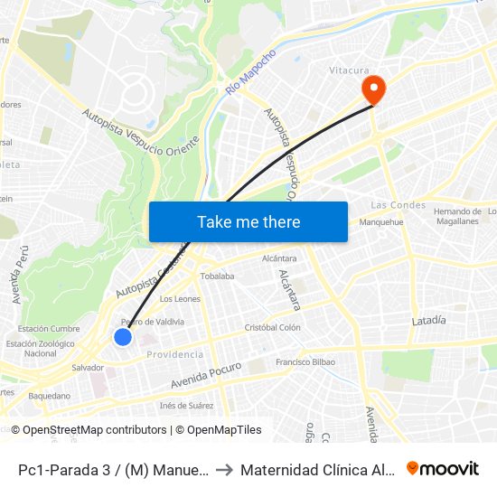 Pc1-Parada 3 / (M) Manuel Montt to Maternidad Clínica Alemana map