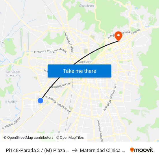 Pi148-Parada 3 / (M) Plaza De Maipú to Maternidad Clínica Alemana map