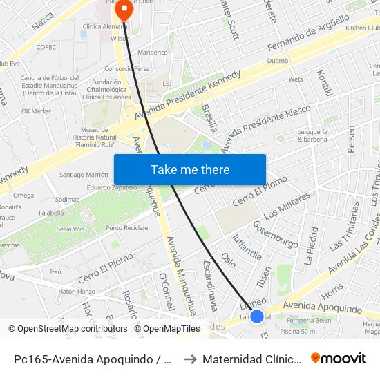 Pc165-Avenida Apoquindo / Esq. E. Dell'Orto to Maternidad Clínica Alemana map